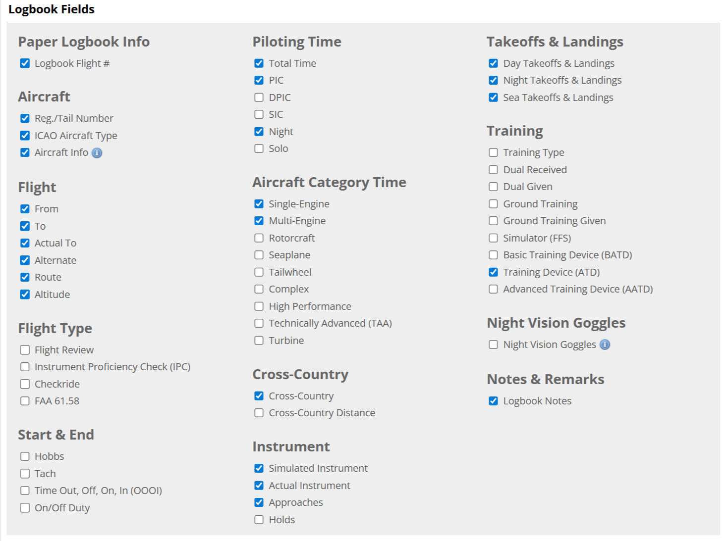 Screenshot showing customizable logbook fields available to iFlightPlanner Premium members