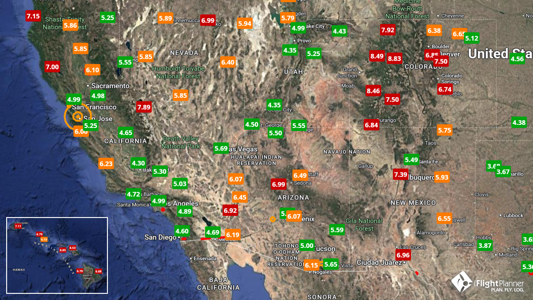 iFlightPlanner platform screenshot highlighting JET A Full Service pricing in the Western-Pacific (U.S. States) region