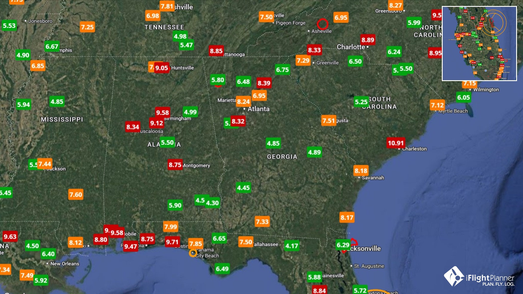 iFlightPlanner platform screenshot highlighting pricing in the Southern (U.S. States) region for JET A Full Service