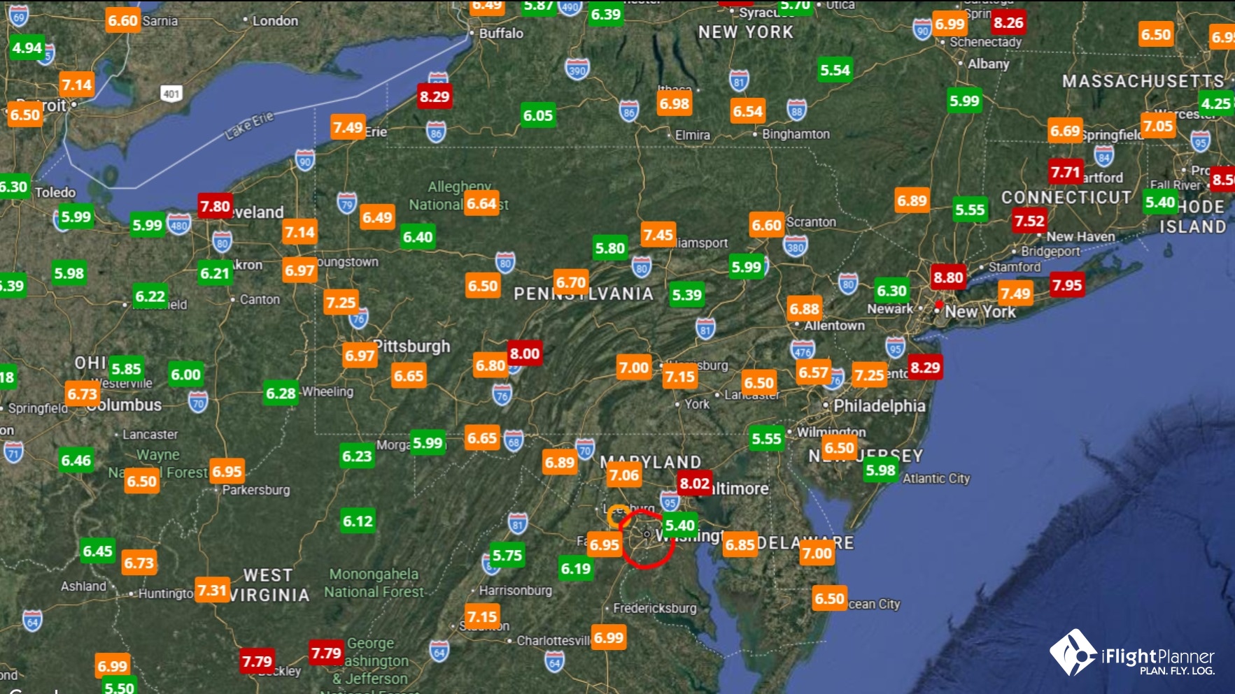 iFlightPlanner platform screenshot highlighting pricing in the Eastern region for 100LL Full Service
