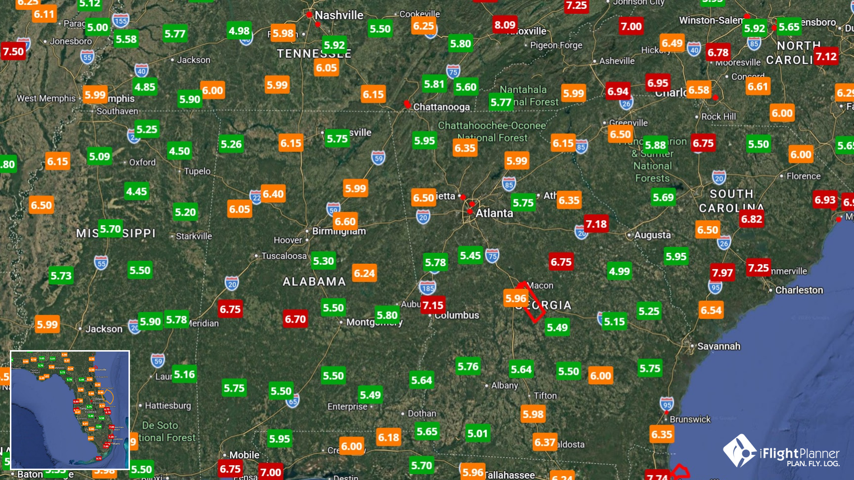 iFlightPlanner platform screenshot highlighting pricing in the Southern (U.S. States) region for 100LL Self Service
