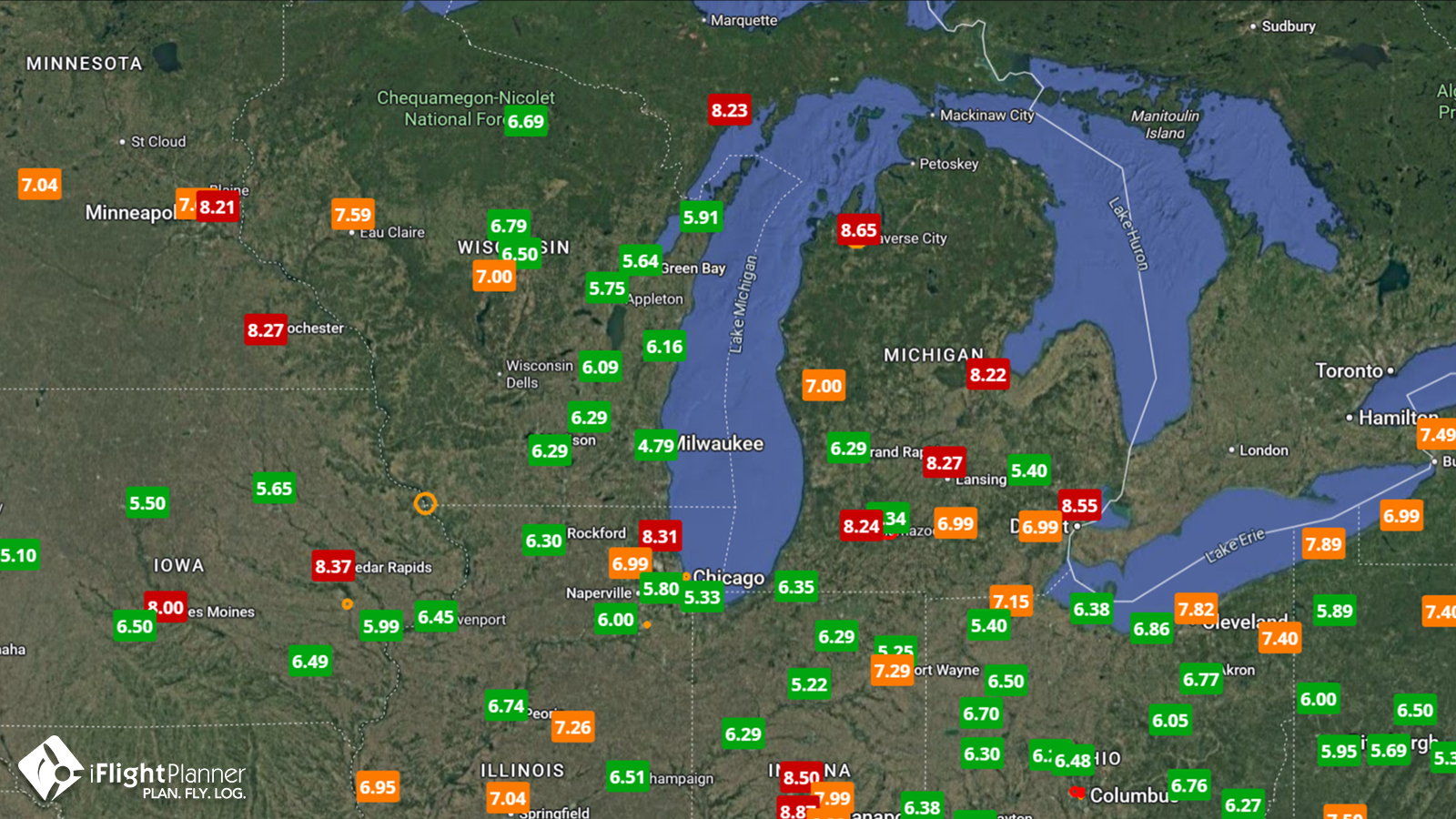 iFlightPlanner platform screenshot highlighting pricing in the Great Lakes region for JET A Full Service